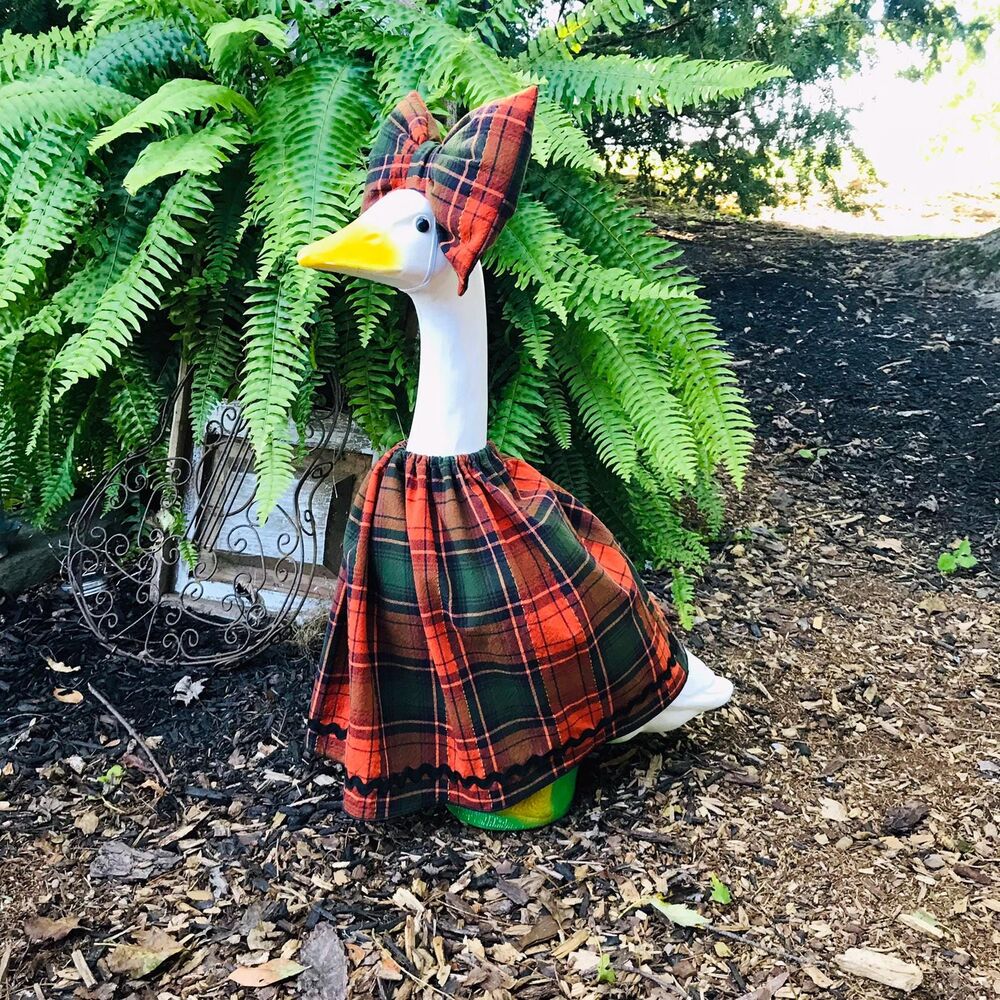 Porch Goose Dress & Bow Outfit For 18-23" Goose Handmade Fall Orange Black Plaid - Picture 2 of 13